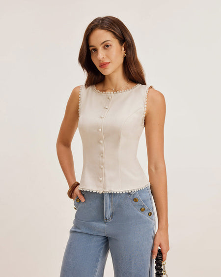 Apricot Boat Neck Button Vest